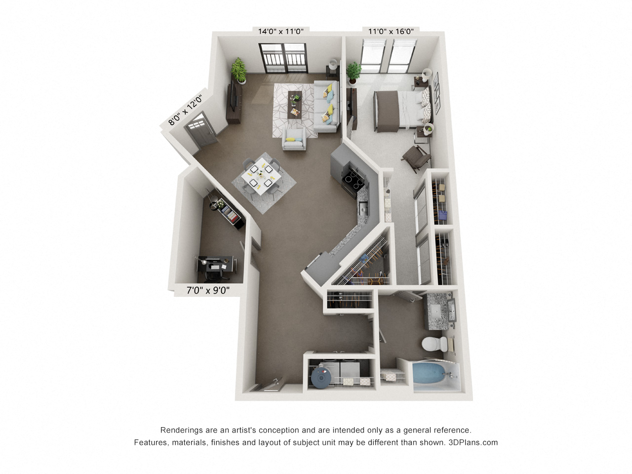 Floor plan for 1 bed, 1 bath, 1007 sqft